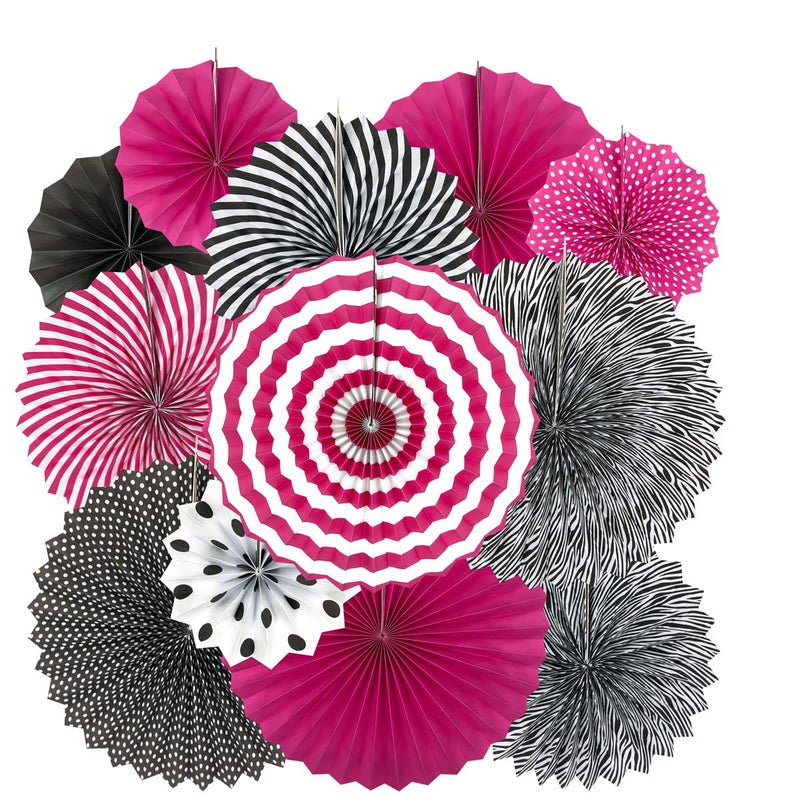 AKIO CRAFT Hot Pink and Black Birthday Party Hanging Paper Fans Decorations - Women Girls Birthday Party Wedding Bridal Shower Bachelorette Carnival Party Ceiling Hangings Photo Booth Backdrops Decorations, 12pc - Image 1